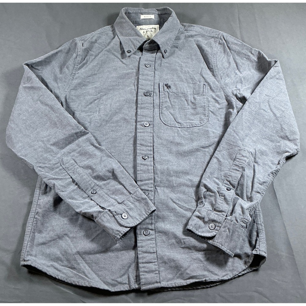 Abercrombie & Fitch Mens Muscle Fit Button Down Shirt Gray Cotton Flannel Large